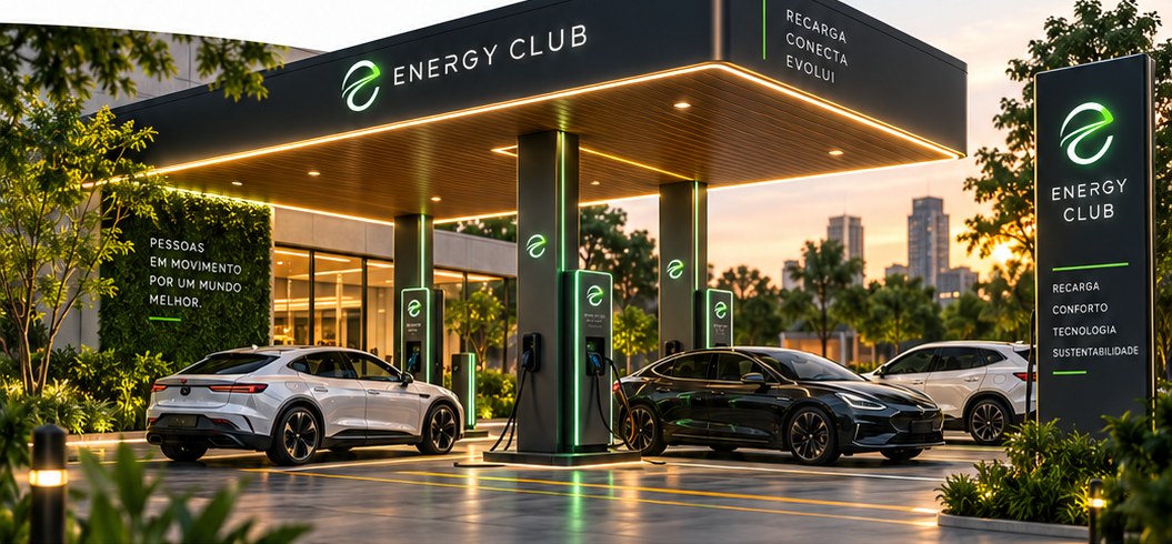 Eletroposto Energy Club com cobertura iluminada e carregadores em operação