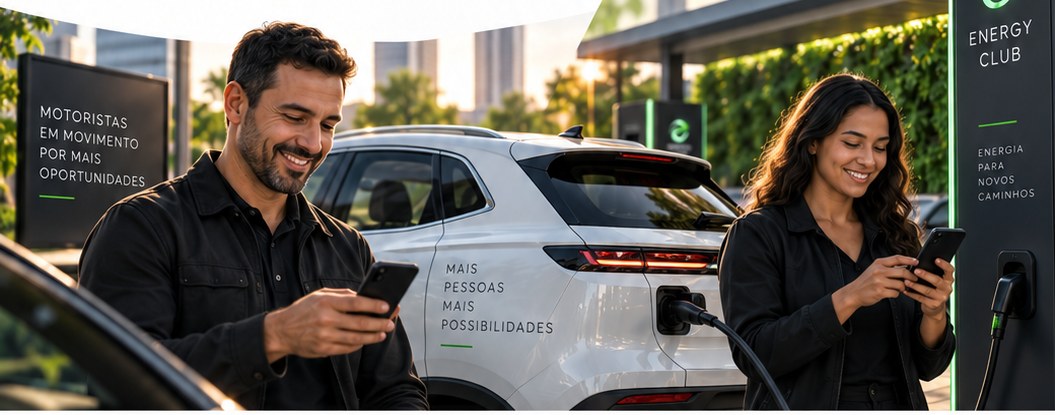 Motorista Energy Club ao lado do carro elétrico em um eletroposto